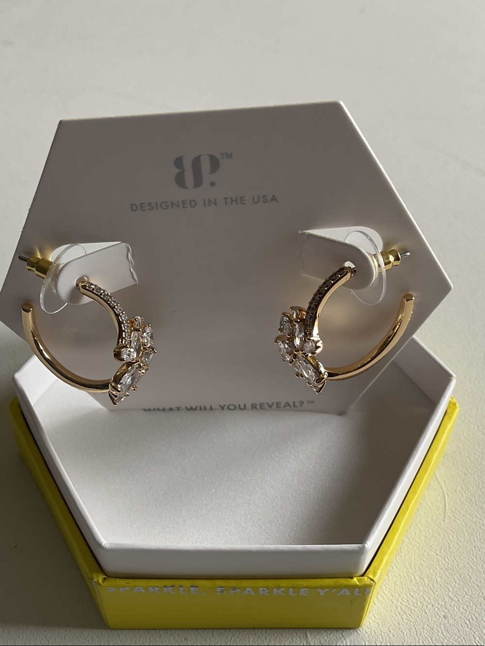 bp Gold Hoop Earrings with Clear Crystal Floral Clusters